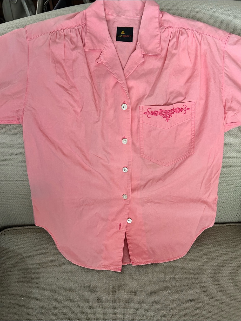 Vintage Lizsport Liz Claiborne Pink Button Up Shirt Camp Collar Embroidered S